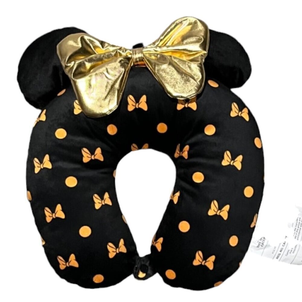Disney Minnie Mouse Travel Soft Velvet Plush Pillow Gold Bow Ears NWOT